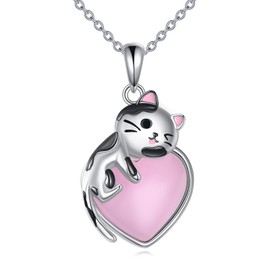 VONALA Cat Necklace Sterling Silver Cat Pendnat with Heart Rose Quartz Pearl Jewelrley Gifts for Women Girls Cat Lovers