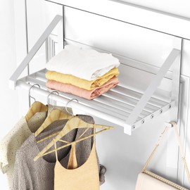 Over The Door Clothes Hanger with 2 Hooks, Stainless Steel Over The Door Hangers for Clothes with Storage Rack, Clothing Hanger Drying Racks for Laundry, Washroom, Fits Door Up to 1.77", White