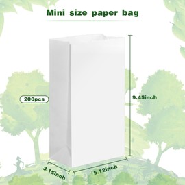 Containlol 200 Pcs Small Paper Bags, 1 lb Mini Paper Treat, Kraft Lunch Bags 5.12 x 3.15 x 9.45 for Christmas Wedding Favor Grocery Candy Cookie Sandwich Popcorn Bread Snack (White)
