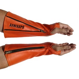 Arm Chaps Leather Protective Sleeves Arm Guard - Prevent Cuts, Scratches & Bruises - Genuine Cowhide - Ideal for Gardening & Construction - Left & Right Form-Fitting. Orange (1 Pair/XX-Small).