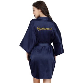 EPLAZA Bride Bridesmaid Robes for Wedding Bridal Party Women Short Solid Color Silky Satin Robe Kimono with Gold Glitters (Navy, Brideamaid)