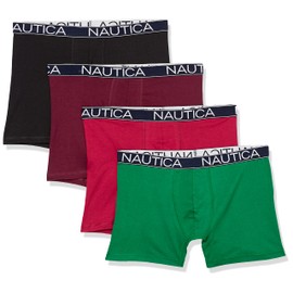 Nautica Men's Cotton Stretch 4 Pack Boxer Briefs, Black/Tawny Port Red/Green, Large
