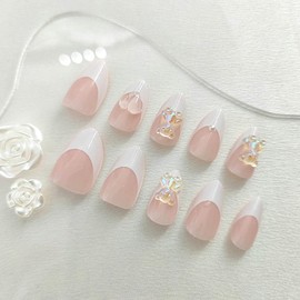 French Tip Press on Nails Short Almond Fake Nails with 3D Heart Shape Designs White Nails Press ons Glossy Glue on Nails Nude Acrylic Nails Artificial False Nails Cute Stick on Nails for Women 24Pcs