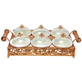 Persian Iranian Armenian Middle Eastern Turnkish Arabic Large 6-Sectional Salsera Round Serving Tray Chips Guacamole Nuts Condiment Server Traditional Ceramic W/Glass Metal Tops Rose Gold Color