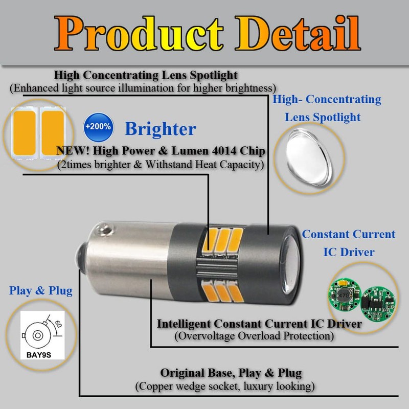 Eluseastar BAY9S H21W LED Bulbs Amber High Power 4000LM Extremely
