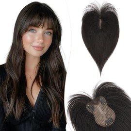 Silk-co Hair Topper Real Hair 21 g, 8 x 11 cm Hand-Tied Base Toupee Women, Clip-In Hairpieces with Lace Silk Base, with Fringe, 27 cm, #1B Natural Black