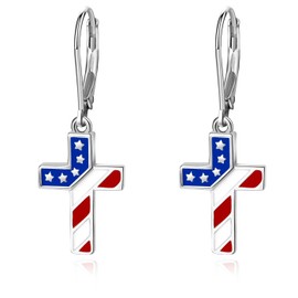 4th of July Earrings for Women 925 Sterling Silver American Flag Dangle Drop Earring Red White Blue Patriotic Cross Patriotic USA Holiday Jewelry Independence Day Gifts for Women