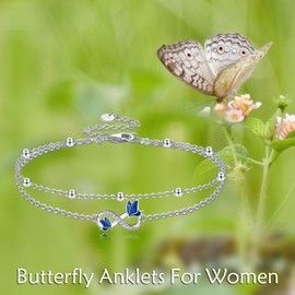 NIFUNAO Butterfly Anklets for Women 925 Sterling Silver Ankle Bracelets for Women Ankle Bracelets Women's Anklets Double Layered Chain for Women