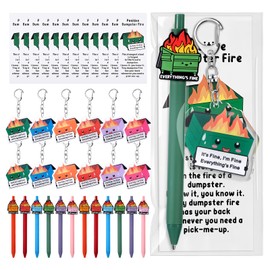 24 Sets Dumpster Fire Pens, Dumpster Fire Desk Accessories Funny Pens with Acrylic Keychains and Bookmarks, Employee Appreciation Gifts Funny Gifts for Coworkers Graduation Teacher Team Office Nurses
