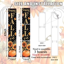 Happy Fall Y'all Porch Sign Black Checkered with Sunflower Pumpkin Design Front Door Hanging Decorations Indoor Outdoor Wooden Vertical Welcome Sign For Home Yard Farmhouse Holiday Decor 47 x 7.8 inch