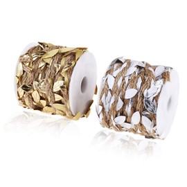 66 Feet Burlap Leaf Ribbon,Jute Twine with Leaves 5mm with Artificial Golden Leaves, Braided Decorated Vine for Art Crafting Home Packing Decoration