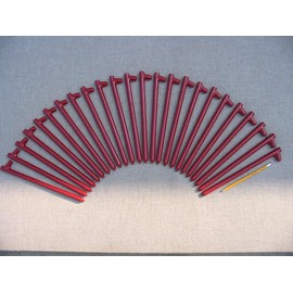 A 24 pack of Heavy Duty Steel Tent Pegs.12" long.Red Baked on Enamel Finish