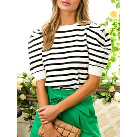 Langwyqu Womens Striped Sweaters Puff Short Sleeve Tops Crew Neck 2024 Spring Summer Trendy Casual Knit T Shirts White