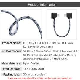 1FT USB C to USB C Remote Controller Cable for IPhone 17/16/15, DJI Mavic 3, Mini 2/3/Mini 4 Pro/5 Pro, Air 2S, Mavic Air 2, DJI RC-N1, RC Pro to Phone/Tablet Cable 90 Degree OTG Data Cord Accessories