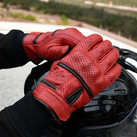 Genuine Leather Motorcycle Gloves, Punched, Breathable, Protector, Goat Leather, Motorcycle Gloves, Perforated Leather (RED, M)