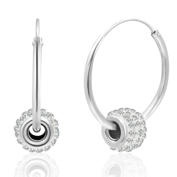 925 Sterling Silver White Crystal Ball Hoop Earrings for Women