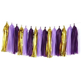 Purple Light Purple and Gold Tassel Garland Banner Paper Tassels for Party Decorations,Pack of 15