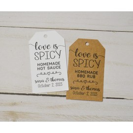 Love is Spicy - Kraft Brown or White Matte Small Label Tags - Hot Sauce, BBQ Rub, Spice Rub Favor Tag (75 tags)