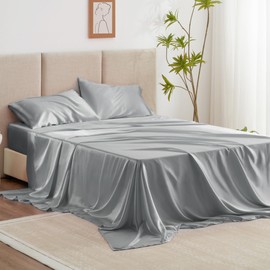 Love's cabin Satin Queen Sheets Set - 4 Piece Silver Silky Bed Sheets with Deep Pocket, Luxury Silk Feel Satin Queen Size Sheet Set (1 Flat Sheet,1 Fitted Sheet,2 Pillow Cases)