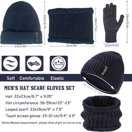 FUBABCO Winter Hat Scarf Gloves Set Men's Warm Beanie Hat Loop Scarf and Touchscreen Gloves Set with Fleece Lining Knitted Hat Winter Scarf and Thermal Gloves for Ski 3-in-1 Winter Set, navy