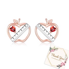 JZCOLOR Teacher Apple Appreciation Earrings for Women - Sterling Silver Apple Ruler Stud Earrings With CZ Thank You Teacher Appreciation Week Jewelry Gifts for Teachers