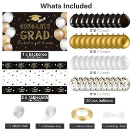 53 Pcs Graduation Decorations 2024 Congrats Grad Backdrop Banner Graduation Tablecloth Congrats Latex Balloons with Ribbons for University High School Graduation Party Supplies(Black and Gold)
