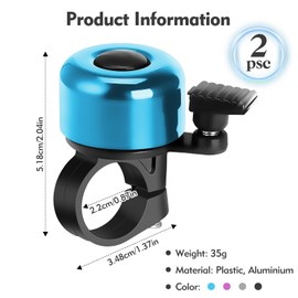 Megecaa 2Pcs Bike Bell, Loud Crisp Clear Sound Bike Bells for Adults and Kids, Mini Bicycle Bell for Mountain Bike Road Bike Right Hand/Left Hand Use (Blue)