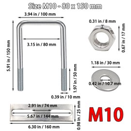 duoyif U-Bolts M10 U-bolt U-bolt square M10 U screws stainless steel with nut frame plate washer, U bracket screw for pipe attachment car towing (80 x 150 mm)