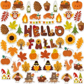 61PCS Hello Fall Cut-Outs Autumn Bulletin Board Decorations for Classroom Door Decor Maple Leaves Pumpkin Turkey Acorns Cutouts for Thanksgiving Classroom Office Party Supplies (100pcs Glue Point)
