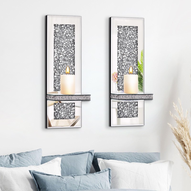 Crystal Crushed Diamond Mirrored Candle Sconces Set of 2, Glam