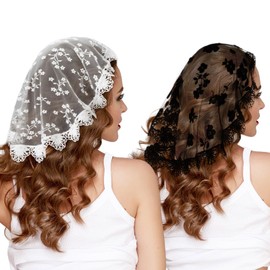 JenPen 2 Pcs Lace Embroidery Head Coverings for Women Lace Chapel Cap Veils for Church Round Lace Mantilla, Black and White (Floral Style,17.7 Inches)