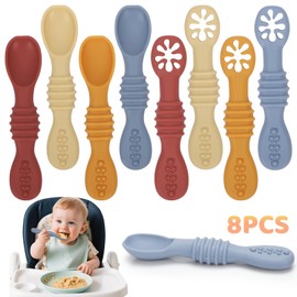 Cucharas para Bebe, Juego de 8 Cucharas Masticables de Silicona Arcoíris Pequeños, sin BPA, 2 en 1 Cubiertos para Bebe, para Microondas, Lavavajillas, Autoalimentación para Etapa 1 y Etapa 2
