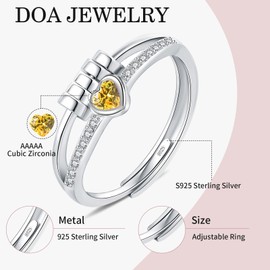 Birthstone Jewellery for Women, Adjustable November Birthstone Cubic Zirconia Ring, Sterling Silver Plated Fidget Gifts, Yellow Anxiety Heart Rings for Daughter Birthday Christmas