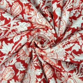 E-Tailor® Hand Block Cotton Fabric Pre-Cut Floral Print-1 Yard-Floral-Red (ET-BPF-112-1)