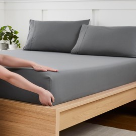 Full Fitted Sheet with Elastic & Built-in Corner Straps - Soft & Breathable Brushed Microfiber Bottom Sheet, Gray