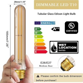 NOVELUX 7.3 Inch 2200K Edison Bulbs Amber Dimmable,Vintage Style Decorative Antique Light Bulb,T10 Long Tubular LED Light Bulbs,6W E26 LED Bulb 80 Watt,UL Listed(4 Pack)