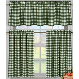 lovemyfabric Poly Cotton Gingham Checkered Plaid Design 3-Piece Kitchen Curtain Valance Window Treatment Set (Hunter Green)