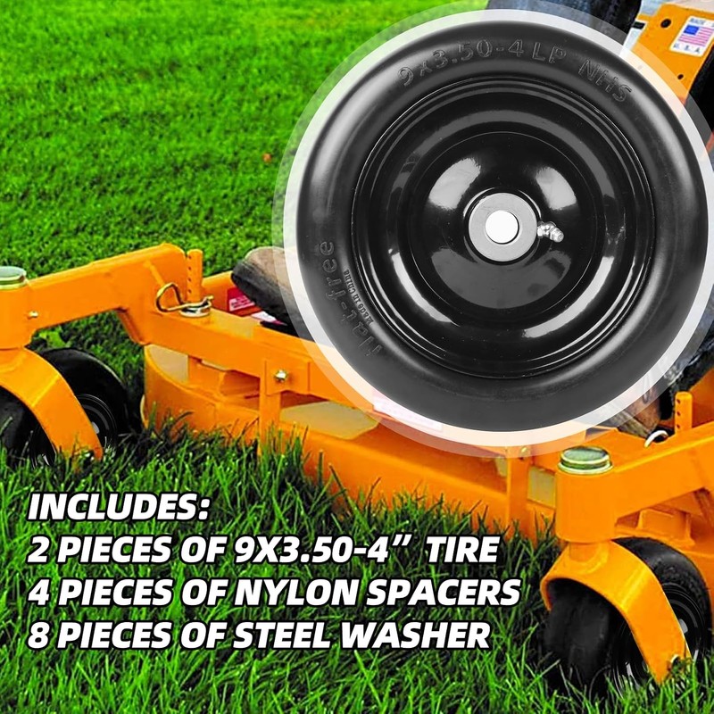 (4-Pack) 9x3.50-4” Flat Free Lawnmower Tire with 4" Centered Hub,
