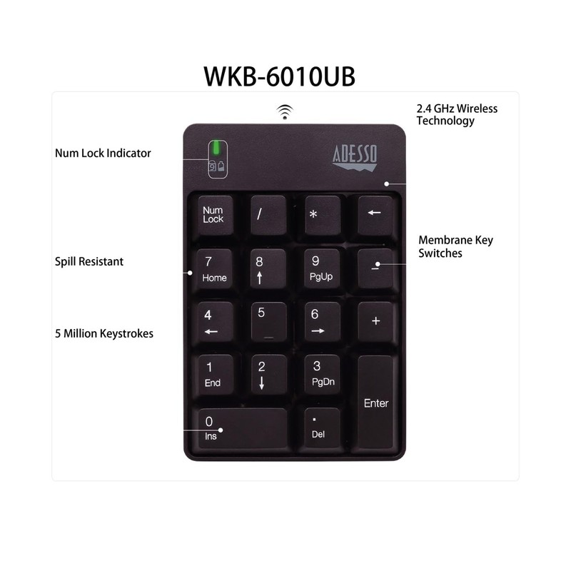Adesso WKB-6010UB - Wireless Spill Resistant 18-Key Numeric Keypad Number