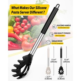 Pack of 2 Silicone Pasta Fork, Kitchen Heat Resistant Noodle Spoon Server, BPA Free Spaghetti Strainer, Best Cooking Tools (BLACK-KHAKI)