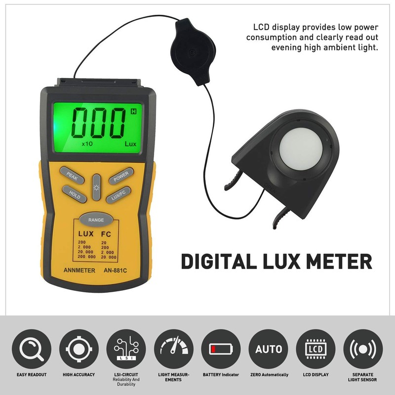 ANNMETER Digital Illuminance Meter, AN-881D Handheld Exposure Meter, Lumen Tester