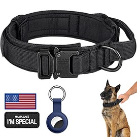 DAGANXI Collar táctico para perro, collar ajustable de nailon para entrenamiento militar con mango de control y hebilla de metal pesado para perros medianos y grandes, con parches y funda para Airtags (XXL, negro)