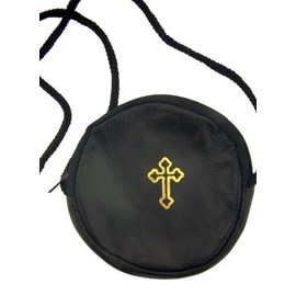 Gold Stamped Cross Leather Rosary or Pyx Case with Strap, Black, 3 3/4 Inch
