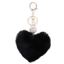 Xsclpomddy Pom Poms Keychains Fluffy Heart Pearl Rhinestone Keyring Plush Puff ball for Car Bag Charms,Black