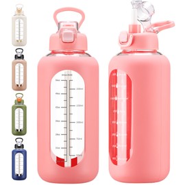 chunmo 64 oz Glass Water Bolttles with Straw Half Gallon Large Motivational Water Bottle with Time Marker Sports Water Bottles with Silicone Sleeve and Handle Lid Water Jug for Gym Workout