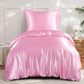 RUIKASI Satin Bed Linen 135 x 200 cm Pink - Silky Luxury Duvet Cover with Shine Like Silk Bed Linen Set for Hair and Skin, Shiny Bed Linen 135 x 200 cm with Zip and Pillowcase 80 x 80 cm