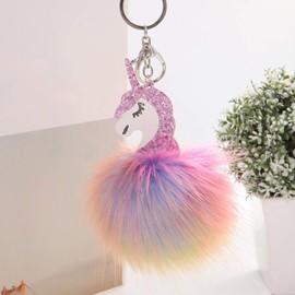 Toyvian Unicorn Keyring with Pompom Pendant Christmas Pompom Bag Pendant Plush Keychain for Children Girls Handbag Keys Car (Purple), As Shown
