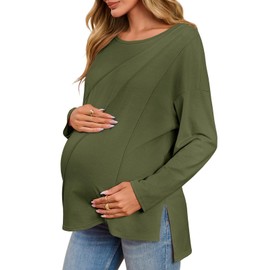 Tankaneo Womens Maternity Shirts Casual Crew Neck Long Sleeve Side Split Pregnancy Clothes Loose Fit Tunic Tops Army Green