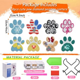 YOKUSHI 8 Pcs Cartoon Diamond Art Coasters kit for Adults, Cute Dog Paw DIY Diamond Painting Coasters Kit with Holder (Paw)