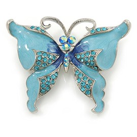 Sky Blue Enamel Crystal Butterfly Brooch In Rhodium Plating - 50mm W